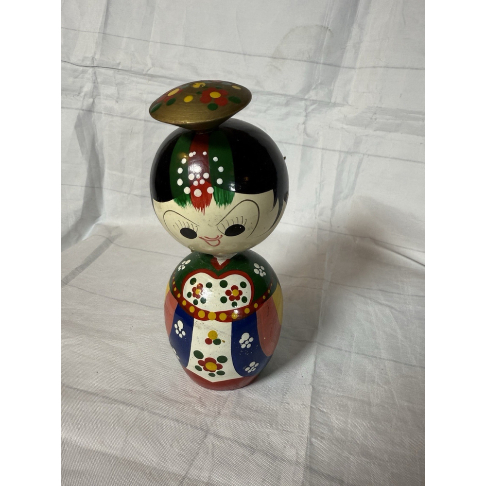 Vintage 7” Korean Kokeshi Wooden Bobble head Nodder Wedding Doll Hand Painted